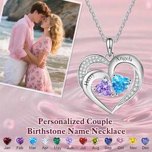 Personalized Heart-Shaped Name Birthstone Couple Necklace