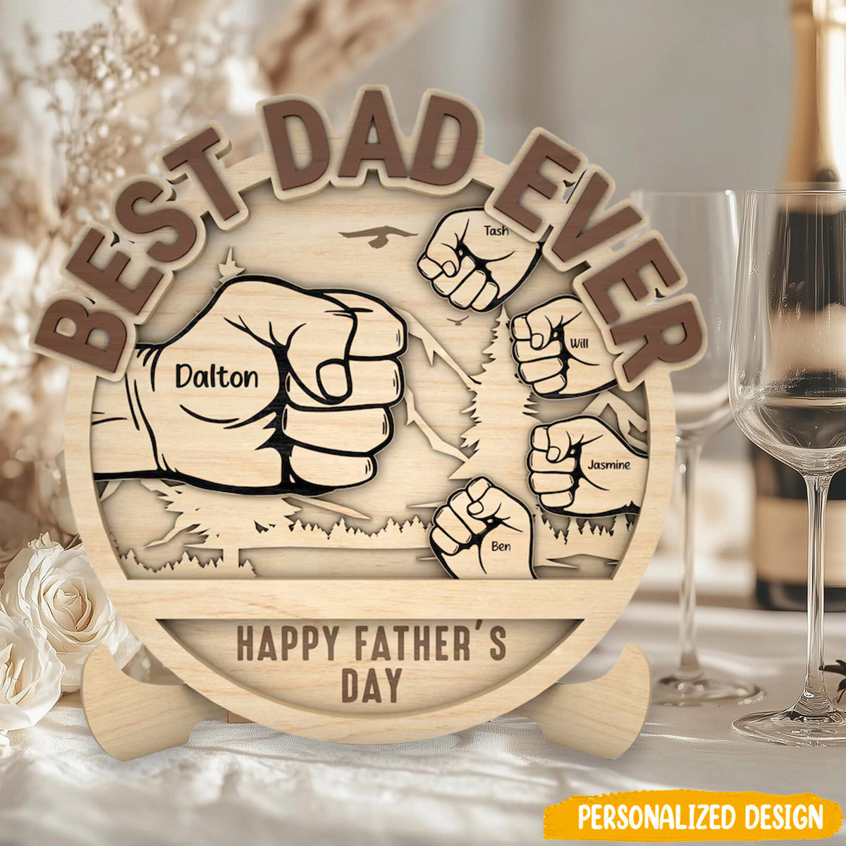 Personalized Dad And Kid Hands Fist Bump Mountain Sign Wood Plaque, Gift For Dad