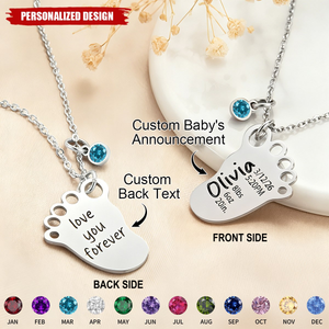 Personalized Baby Foot Pendant Necklace With Birthstone, Birth Announcement Gift