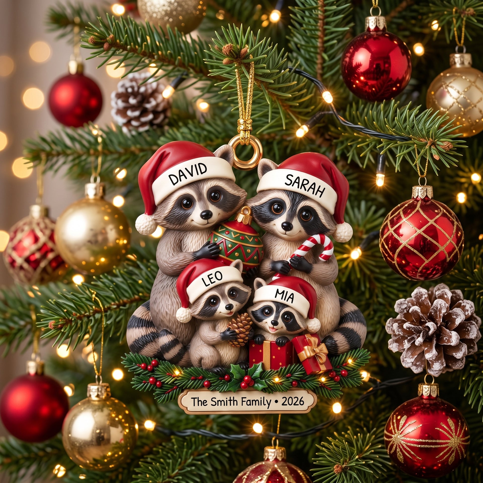 Lovely Raccoon Family Acrylic Ornament - Personalized Christmas Gifts For Family