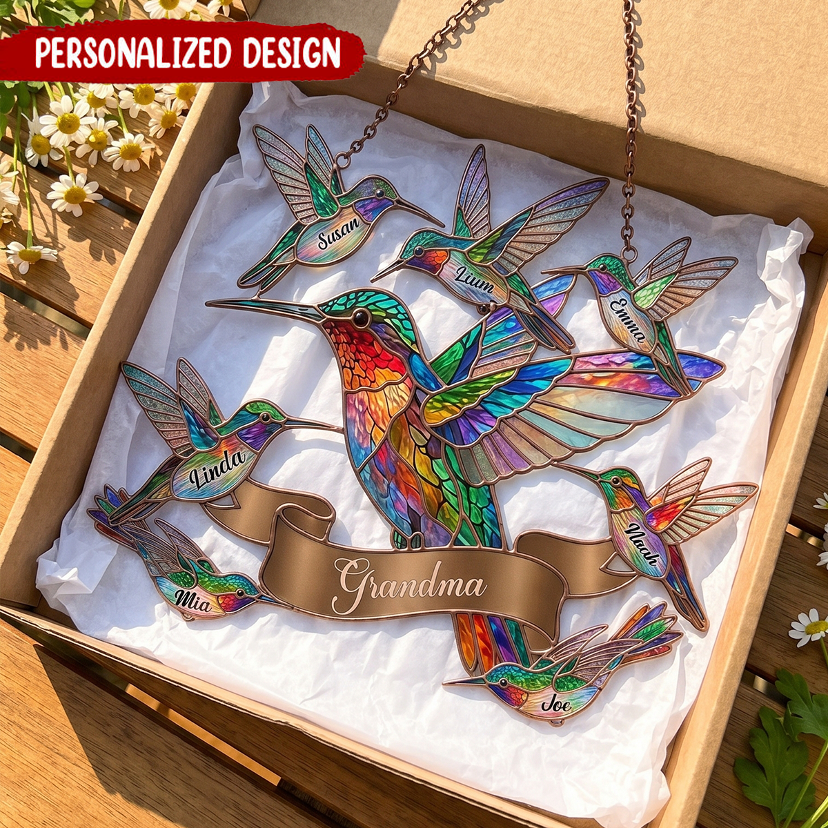 Personalized Colorful Hummingbird Family Acrylic Suncatcher – Custom Grandma Gift