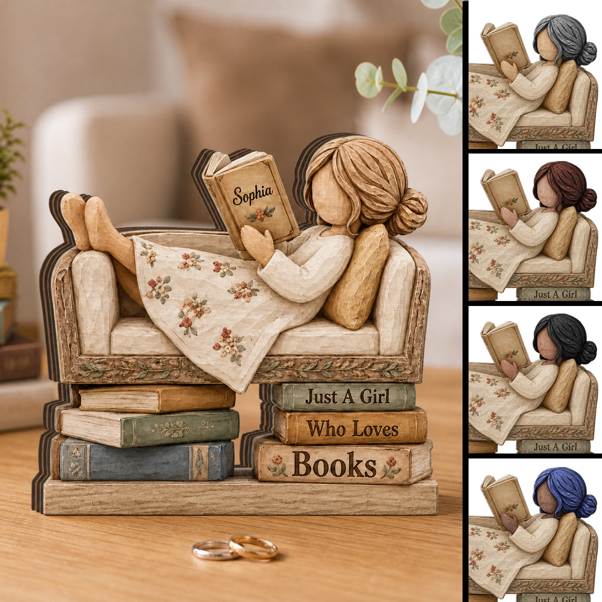 Personalized Reading Girl Shelf Block, Custom Name Wooden Plaque