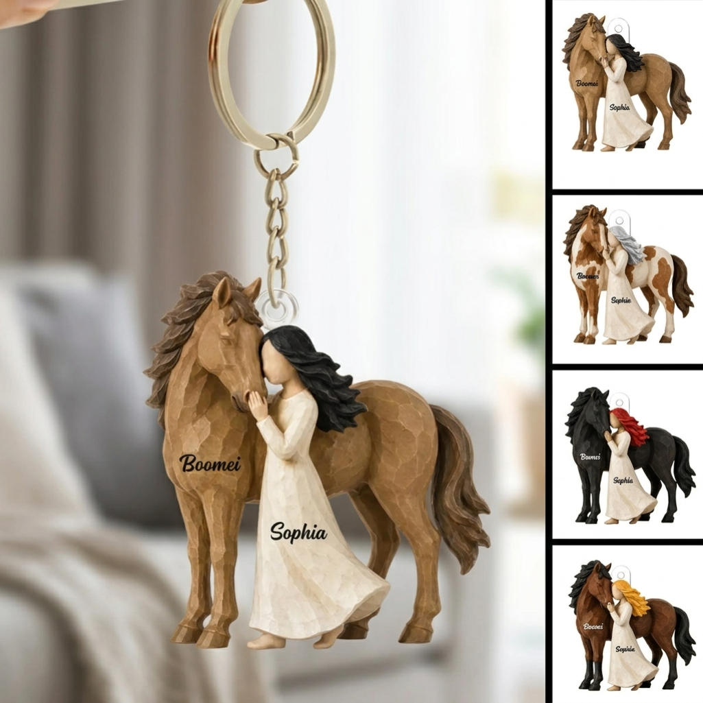 Girl Standing With Horse Personalized Acrylic Keychain - Custom Horse Lover Keepsake Gift