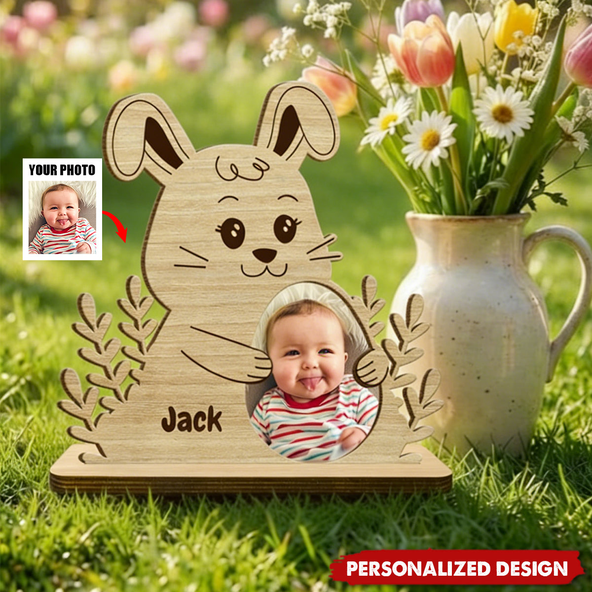 Cute Rabbit Shape Personalized Wood Plaque With Photo