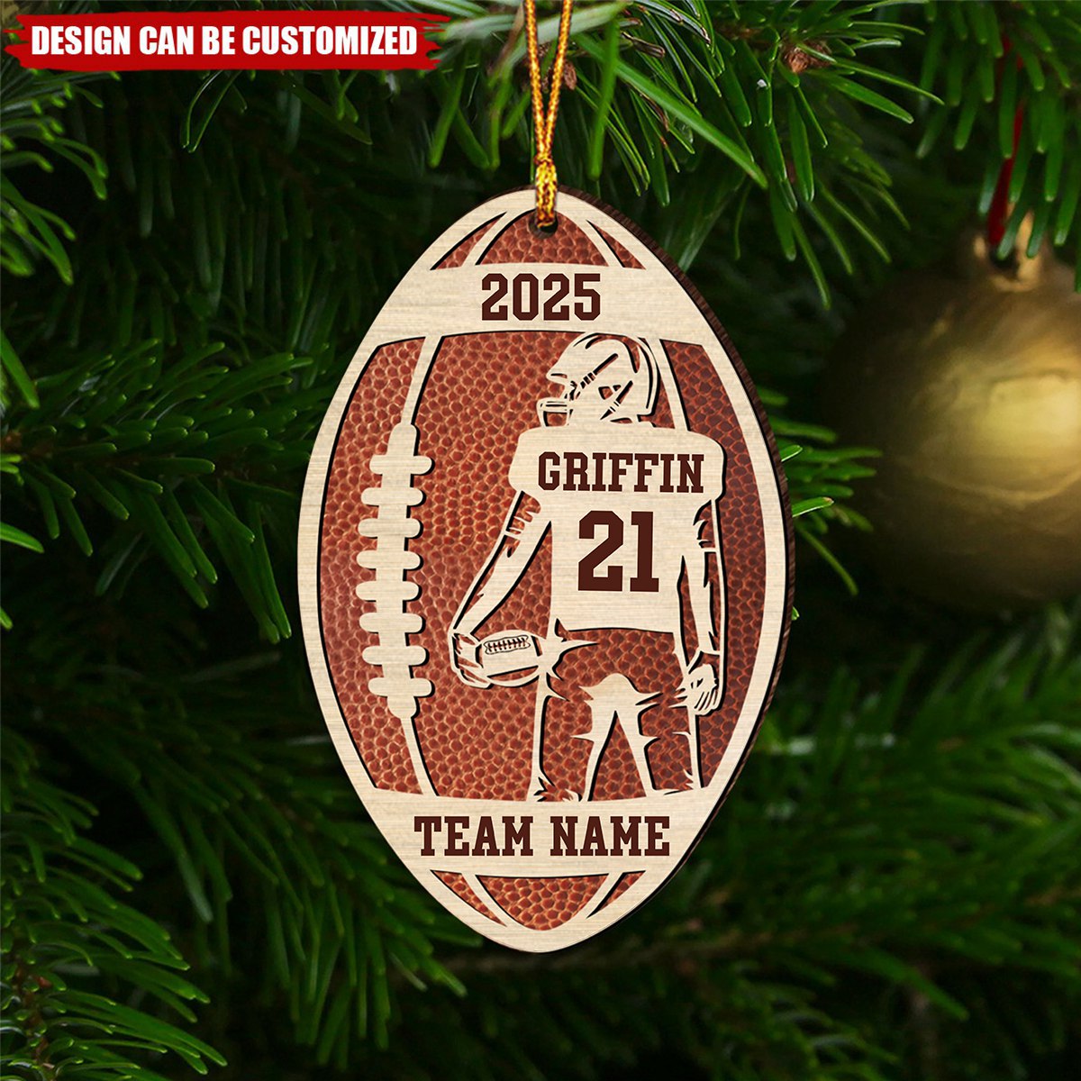 Personalized Football Player Wood Christmas Ornament