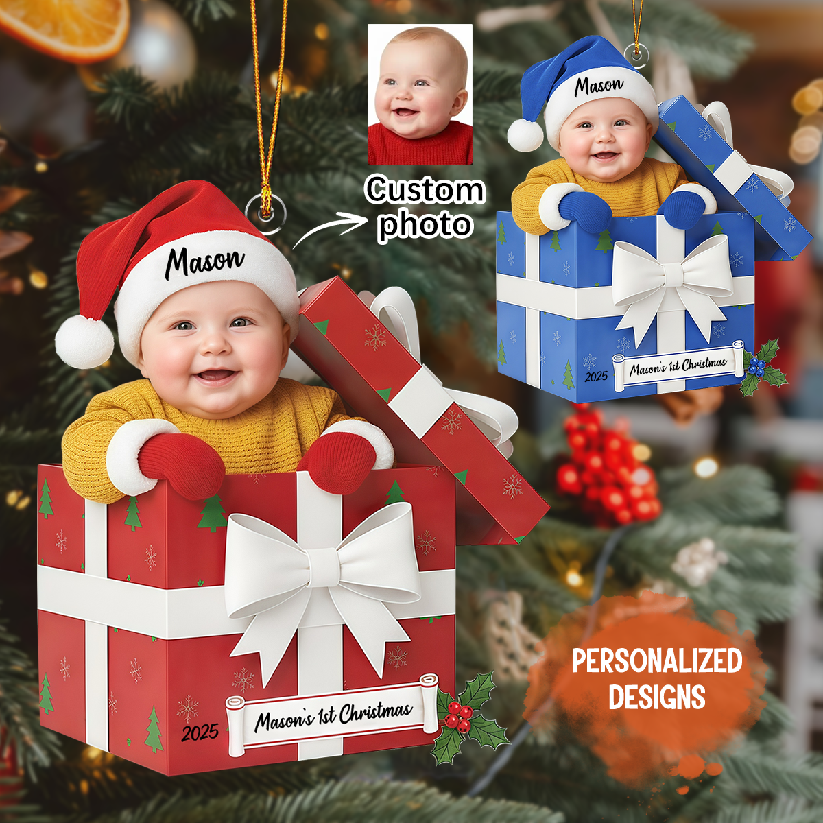 Personalized Custom Baby Photo 1st Christmas Gift Box Ornament