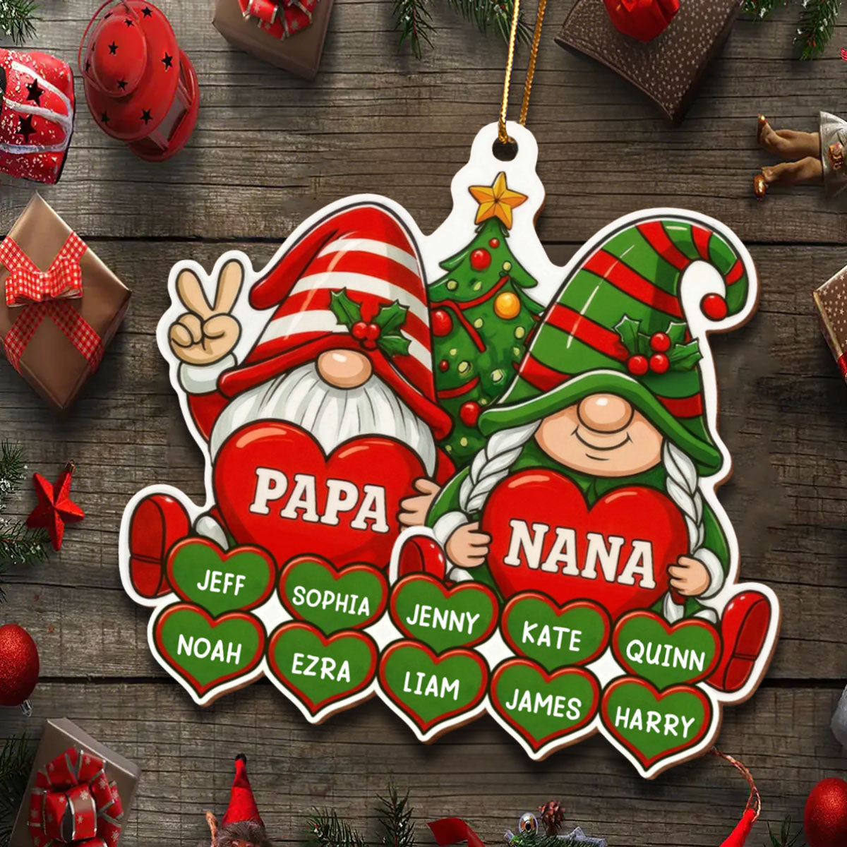 Christmas Tree And Hearts - Custom Wood Ornament For Grandparents