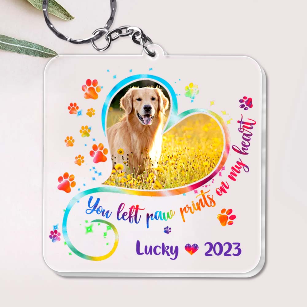 Memorial Gift Dog Photo Paw Prints On My Heart Acylic Keychain