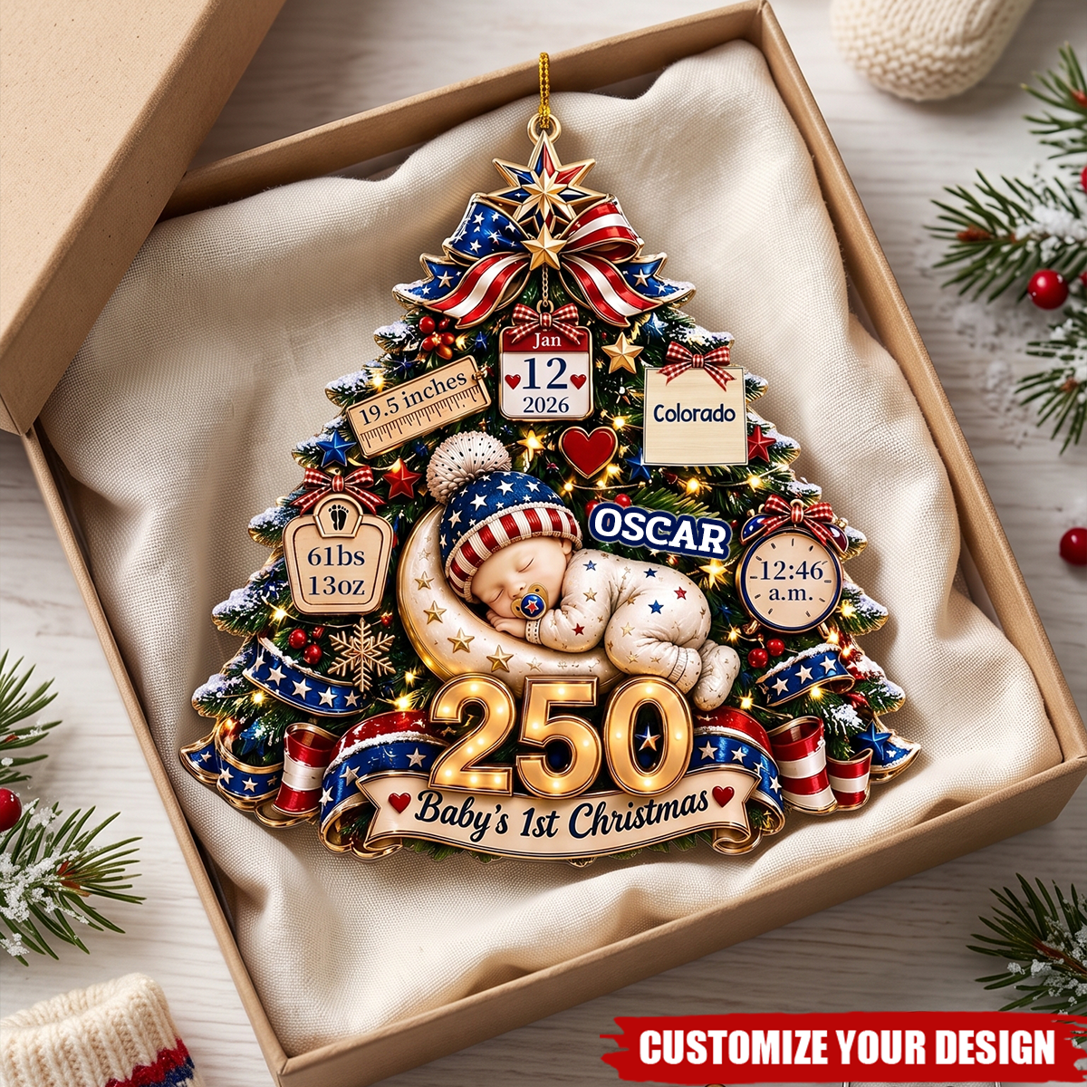 Personalized Baby's 1st Christmas America 250th Anniversary Ornament
