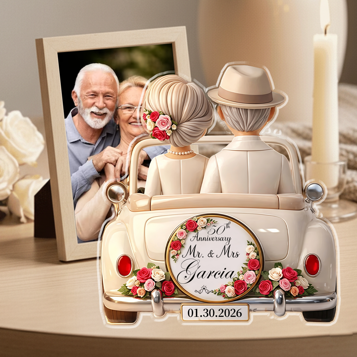 Personalized Old Couple Wedding Anniversary On Car Acrylic Plaque