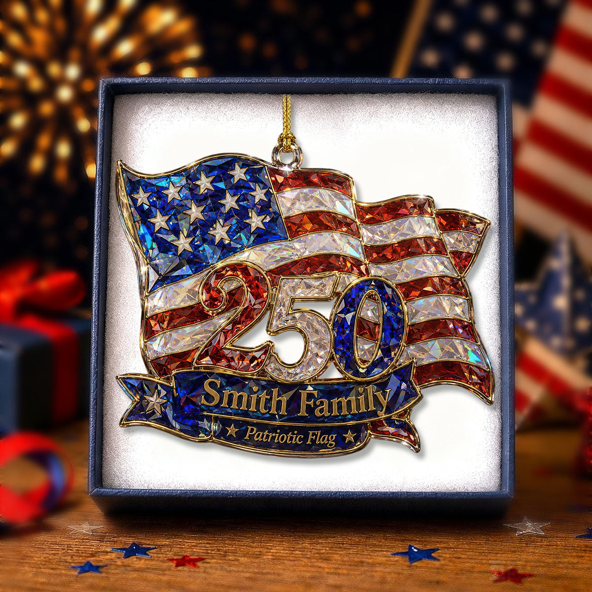 Custom Patriotic Flag America 250 Ornament, Personalized Family Name Keepsake