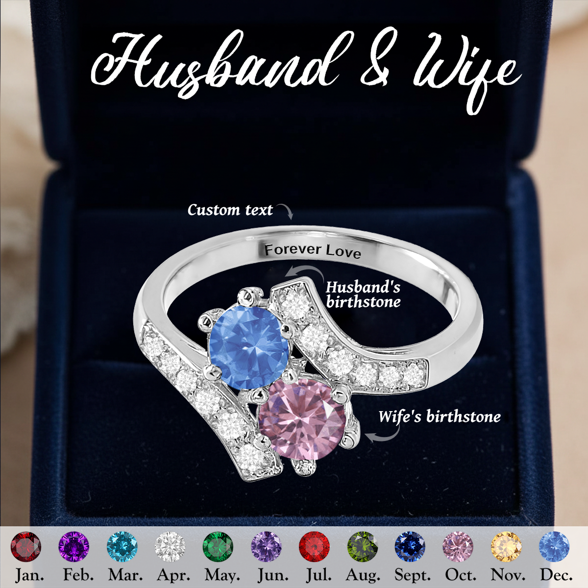 Personalized Couple Birthstone Ring, Gift For Her