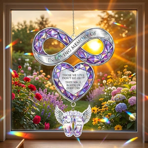 Custom Memorial Window Hanging, Infinity Heart Acrylic Suncatcher With Winged Charm