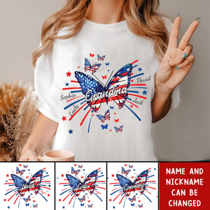Grandma Grandkids Butterfly Flag Star And 4th of July Personalized T-Shirt