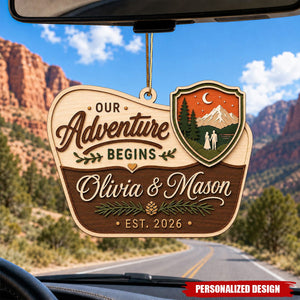 Personalized Wood Couple Ornament, Our Adventure Begins Mountain Christmas Keepsake