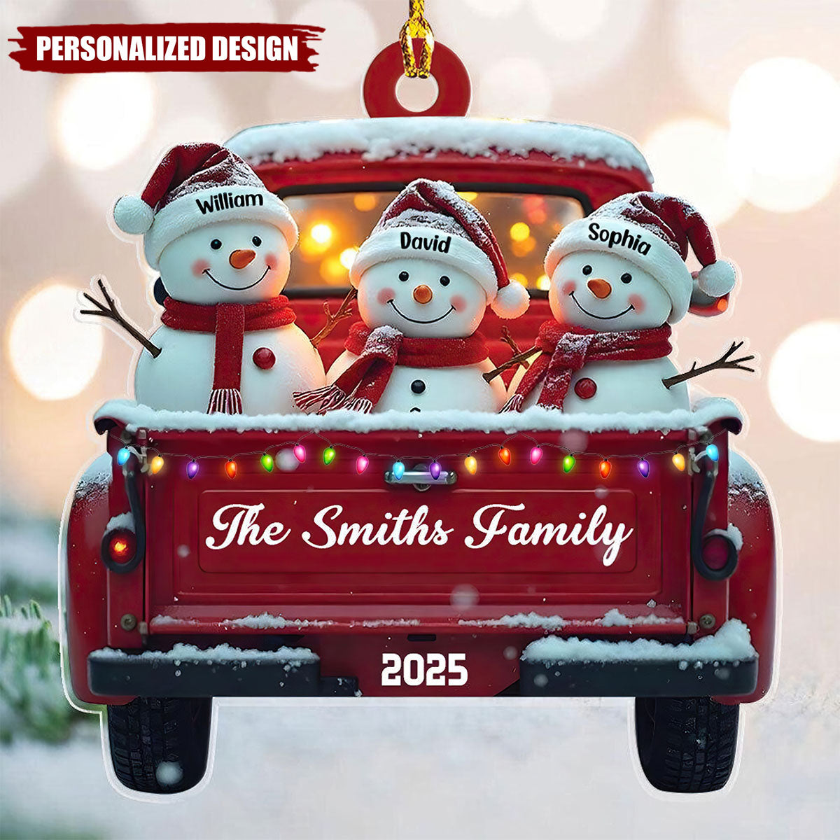 Personalized Snowman Family Christmas Ornament, Red Truck Christmas Ornament