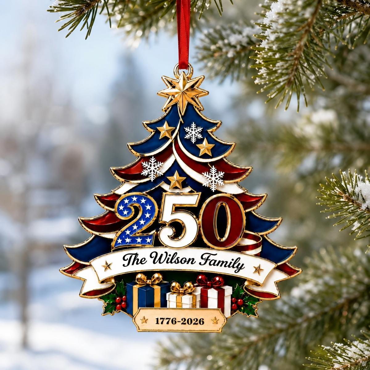 250th Anniversary Ornament 1776-2026, Personalized Family Name Patriotic Holiday Gift