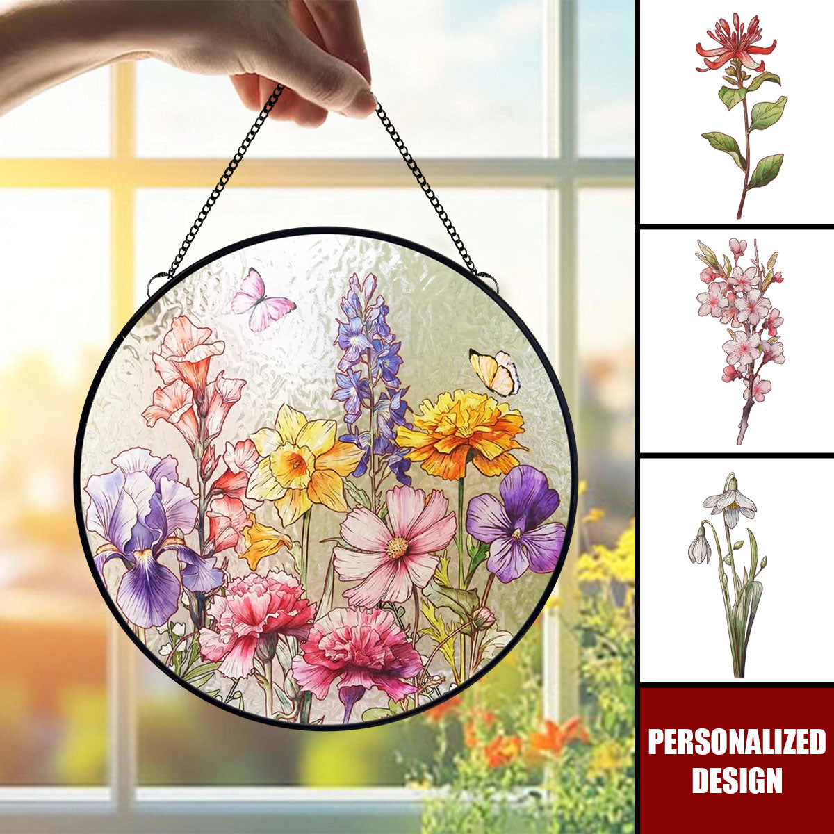 Her Love Blooms In Every Season - Family Personalized Stained Window Hanging Suncatcher