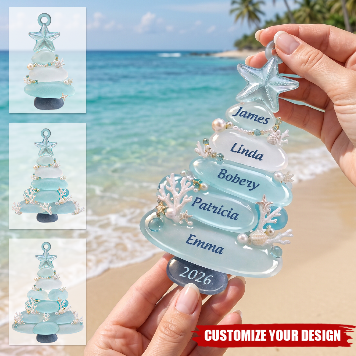 Custom Sea Glass Tree Ornament, Personalized Xmas Gift for Beach Lovers