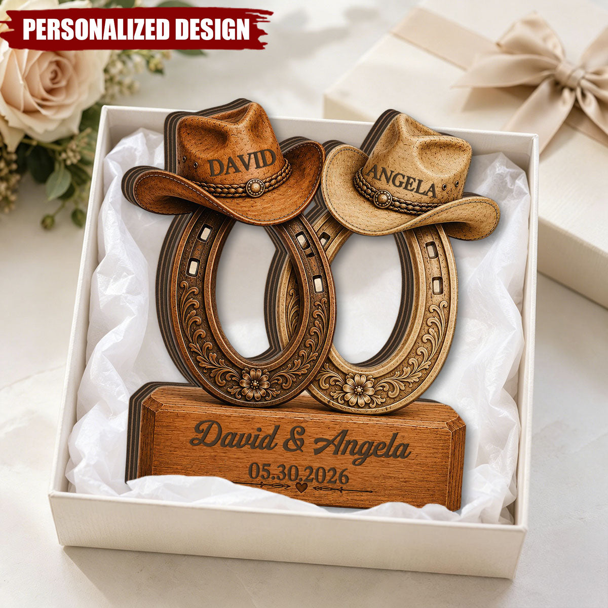 Personalized Horseshoe Cowboy Hat Wooden Plaque - Western Couple Centerpiece Decor