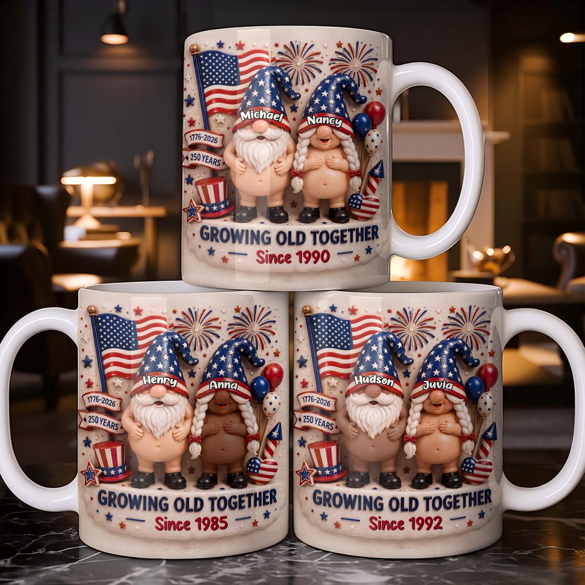 Growing Old Together, Patriotic Couple With USA Fag And Fireworks Personalized Mug