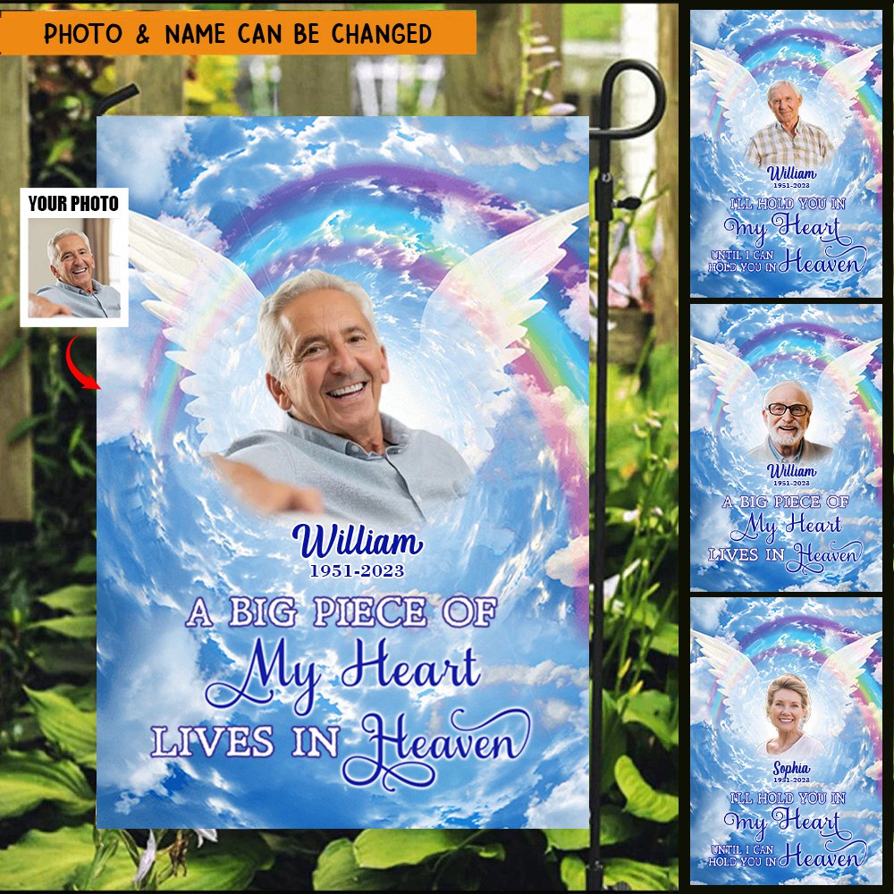 A big piece of my Heart lives in Heaven Rainbow Sky Memorial Upload Photo Personalized Garden Flag