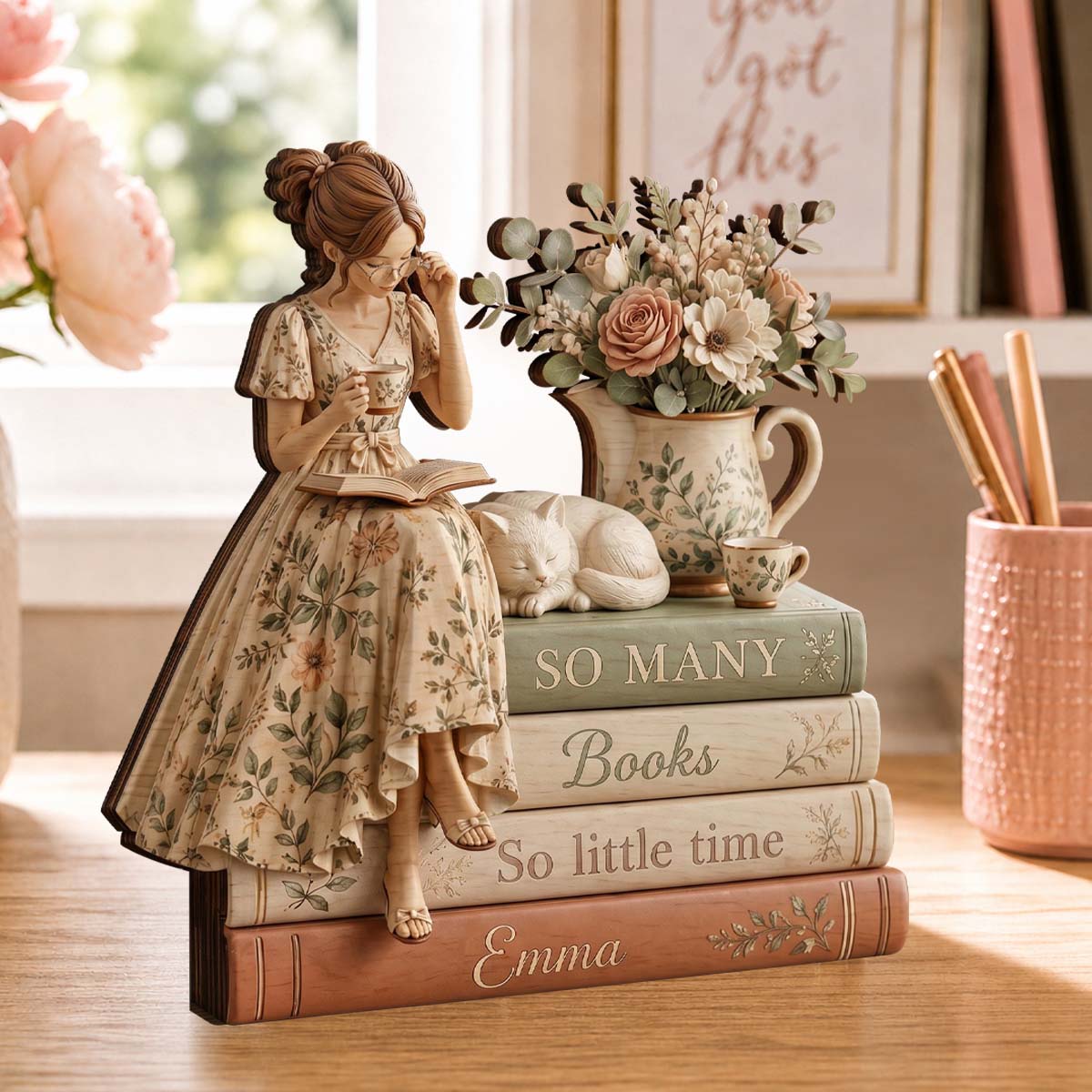Custom Name Book Stack Wooden Block, Personalized Reader Gift