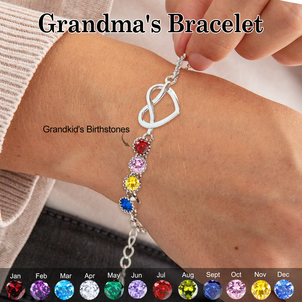 Personalized Heart Family Birthstone Bracelet For Mom Grandma