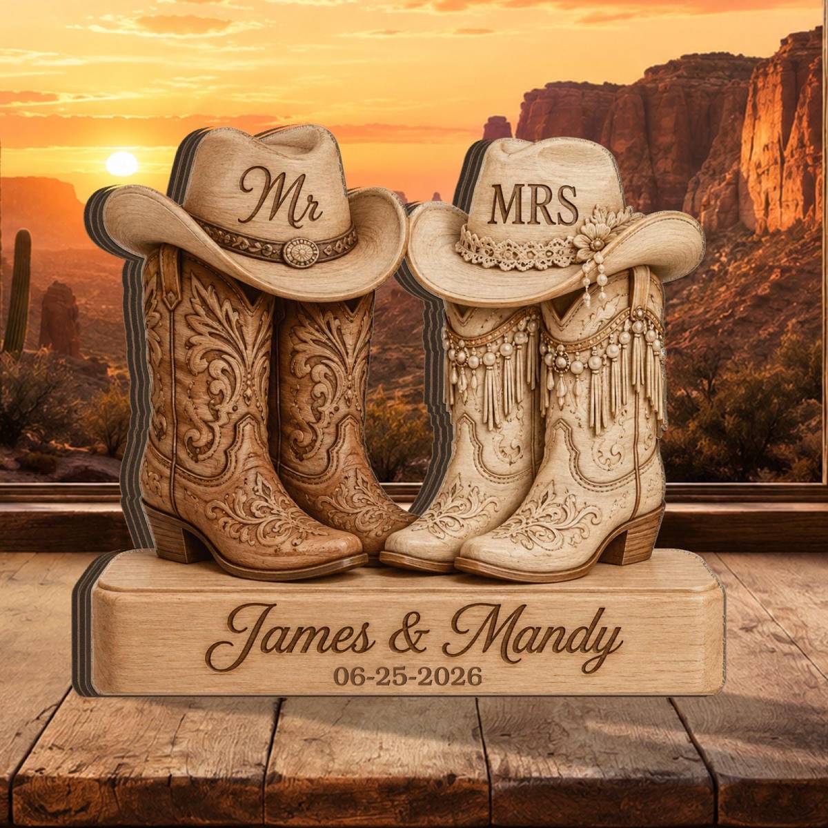 Personalized Cowboy Couple Wooden Block With Names and Date