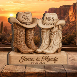 Personalized Cowboy Couple Wooden Block With Names and Date