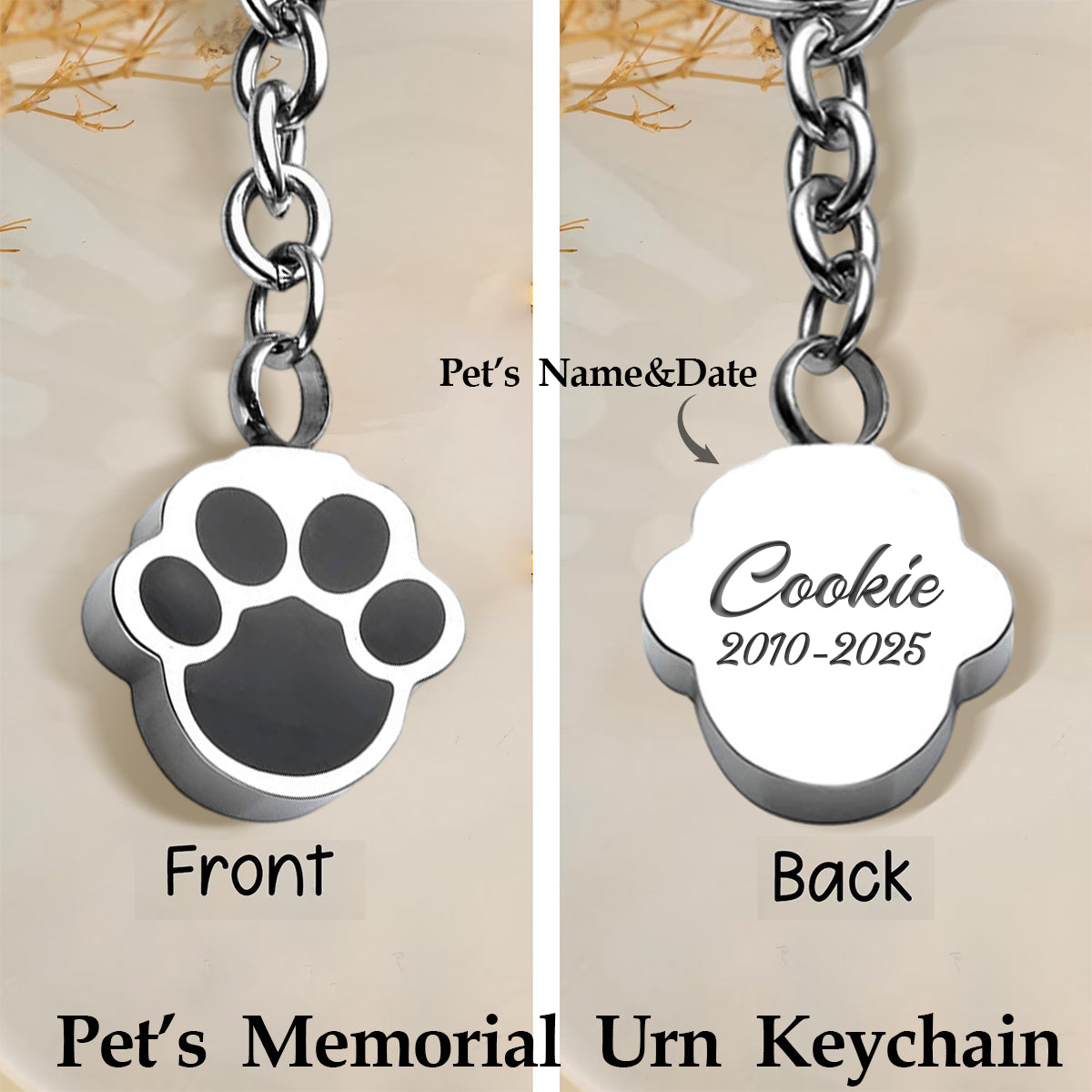 Personalized Pet Ashes Urn Memorial Keychain, Dog Paw Print Cremation Keepsake