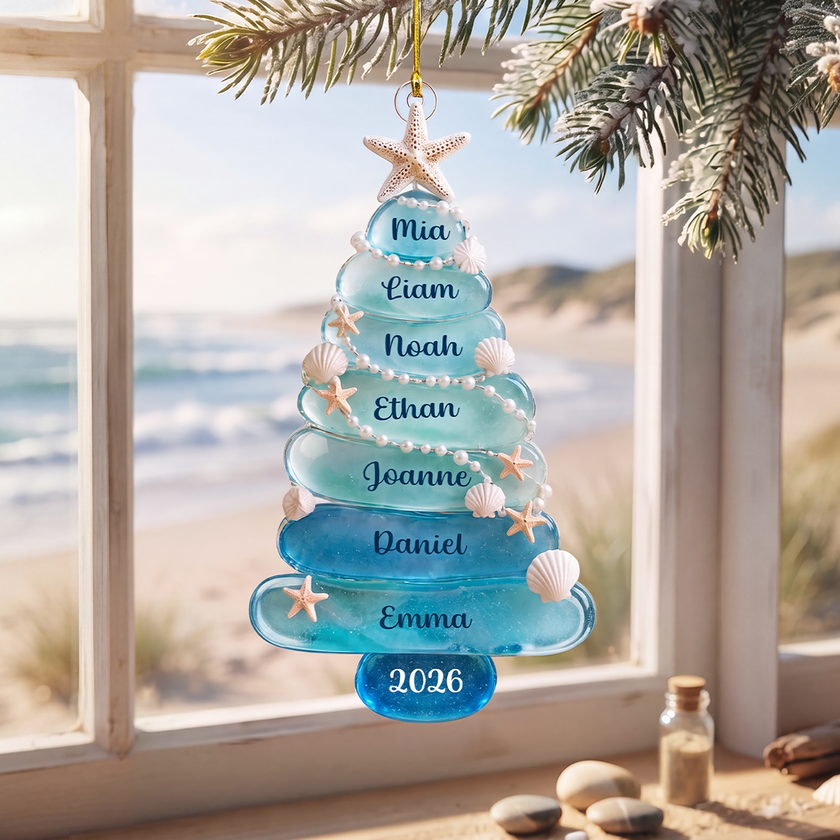 Personalized Sea Glass Tree 2026 Acrylic Ornament, Custom Beach Christmas Gift