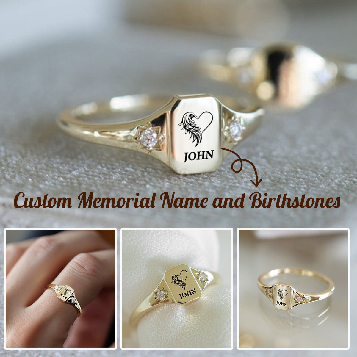 In Loving Memory With Wings Name Personalized Birthstone Ring