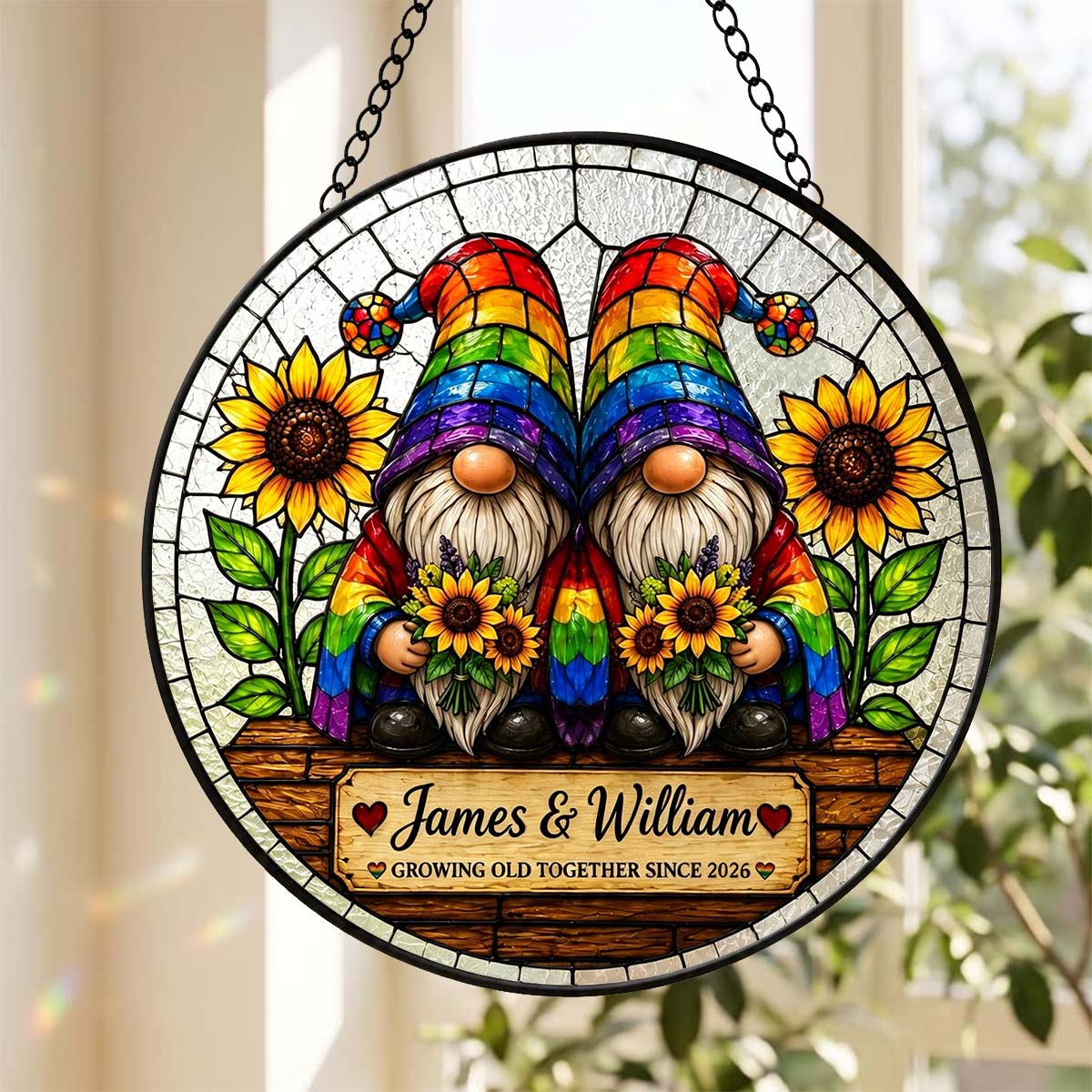 Personalized LGBTQ+ Couple Rainbow Suncatcher, Anniversary Window Hanging