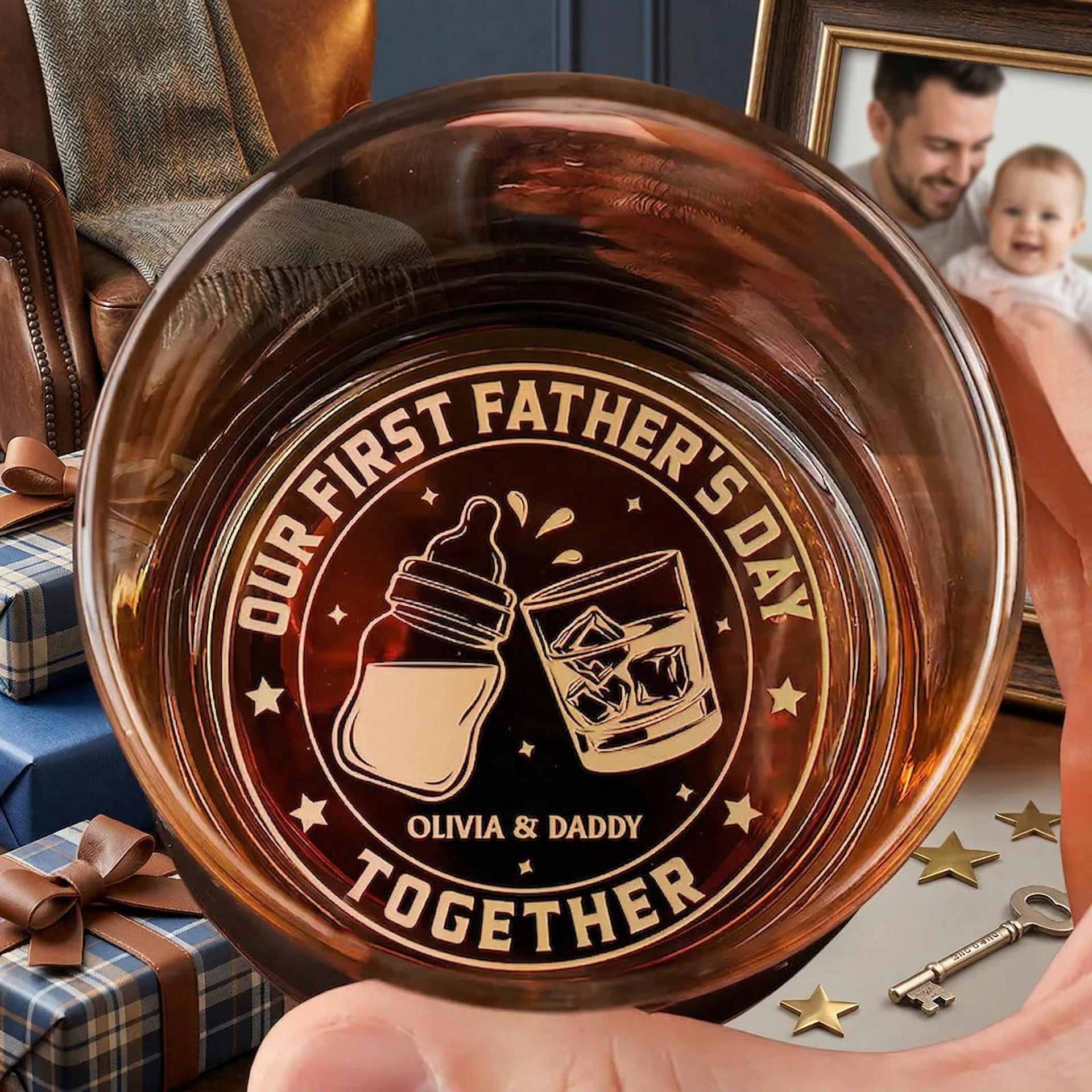 Personalized First Father's Day Together Whiskey Glass, Cheers To Daddy Gift