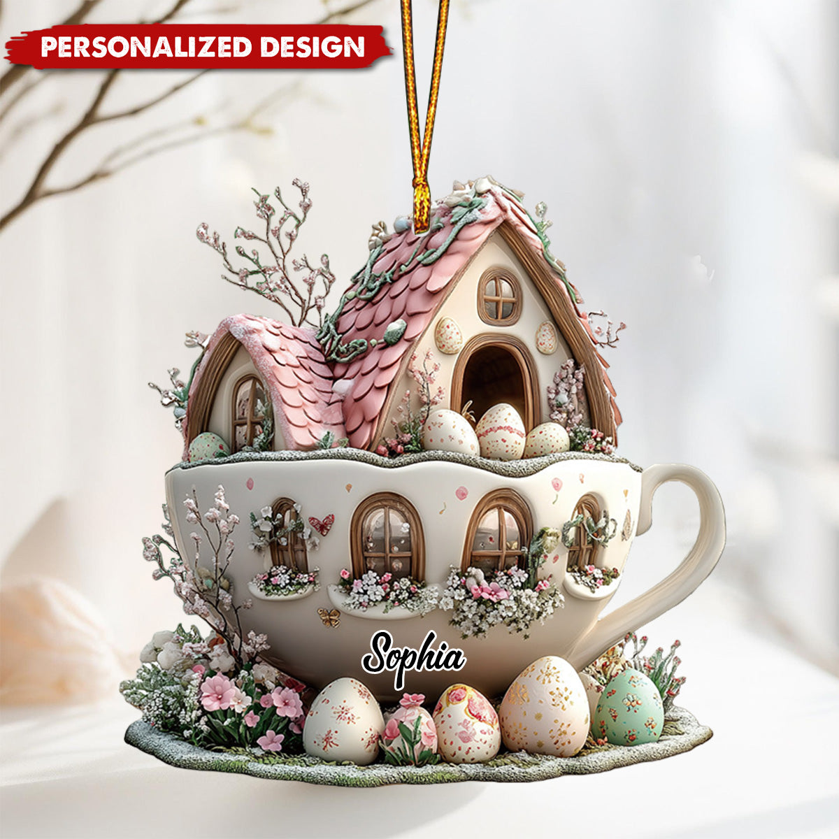 Personalized Easter Bunny Coffee Cup House Acrylic Ornament