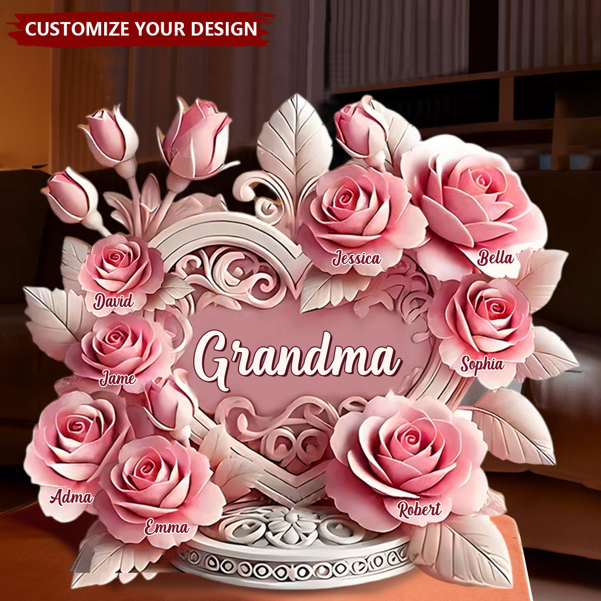 Pink Roses Heart - Personalized Mother Custom Shaped Acrylic Plaque