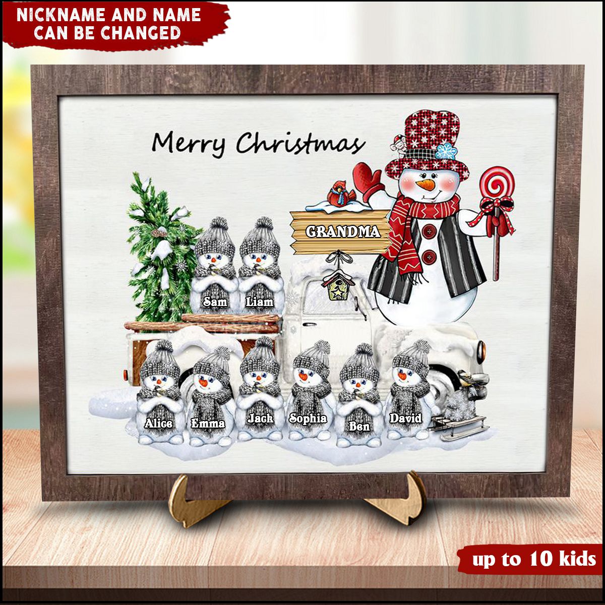 Personalized Merry Christmas Snowman Grandma Mom Kids Wood Plaque