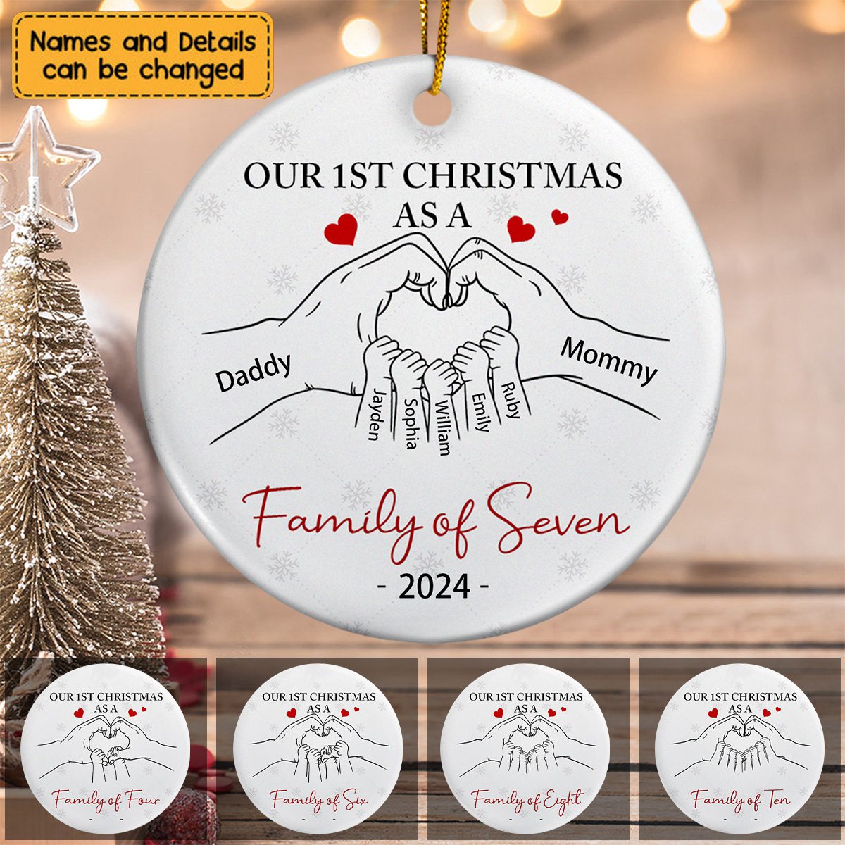 Personalized First Christmas As A Family Of Three Hand Heart -Ceramic Ornament