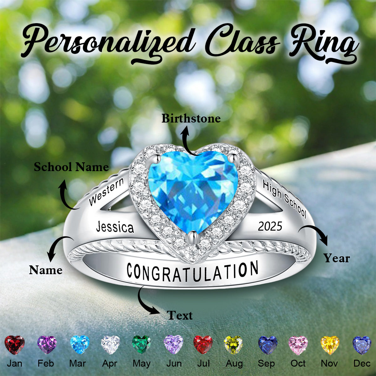 Customized High School College University Heart Birthstone Class Ring