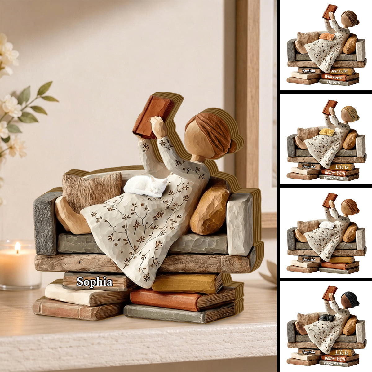 Personalized Book Lover Wooden Block - Custom Gift For Cat Mom Reader