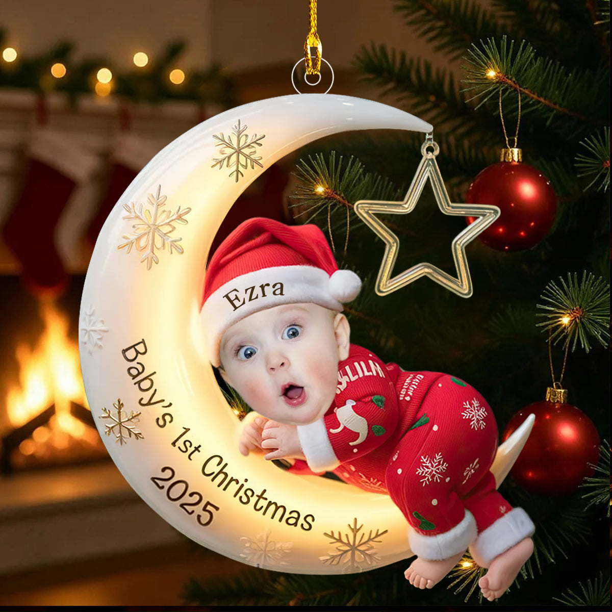 Personalized Baby First Christmas Ornament, Moon Acrylic Decoration