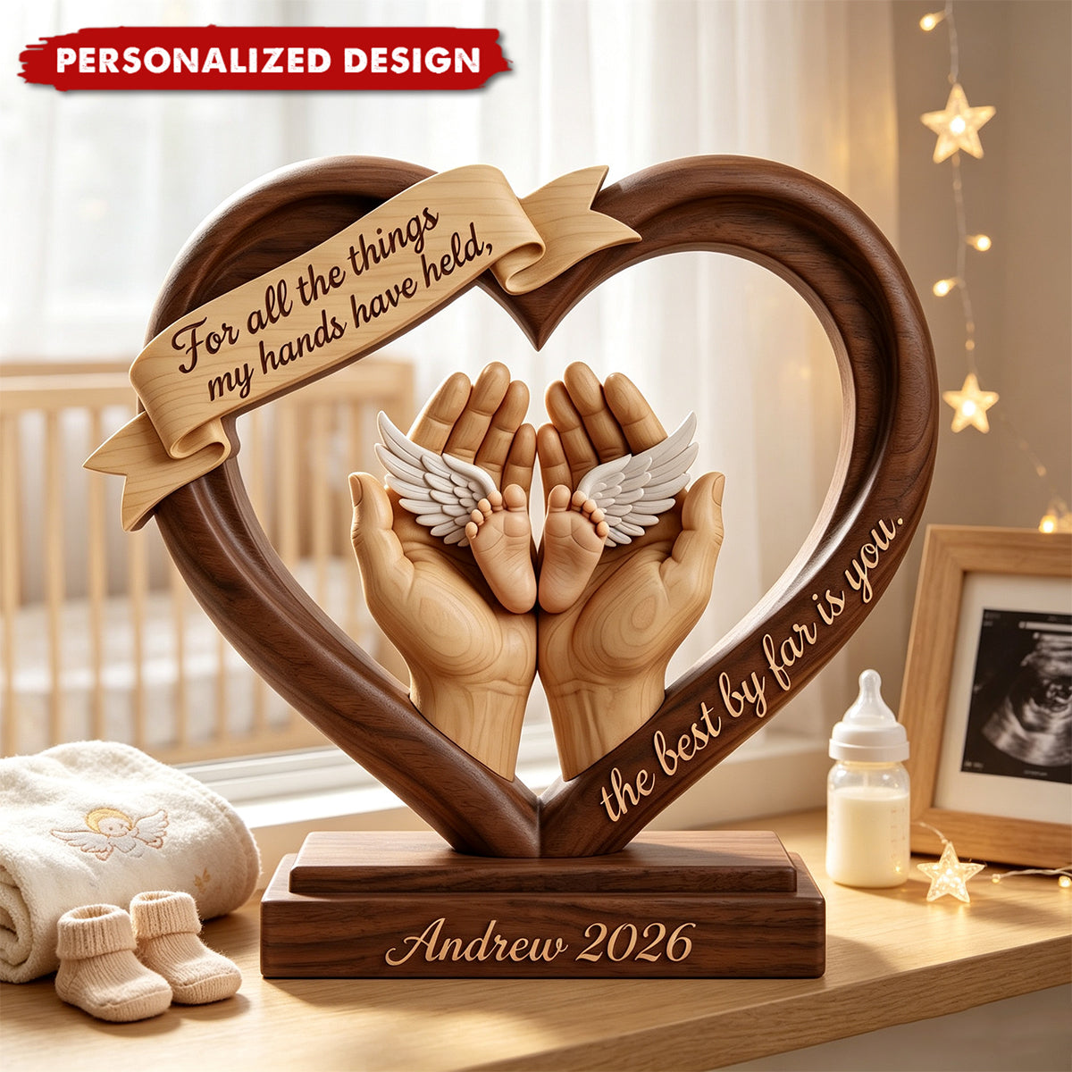 Personalized Baby Feet Angel Wings Memorial Heart Acrylic Plaque