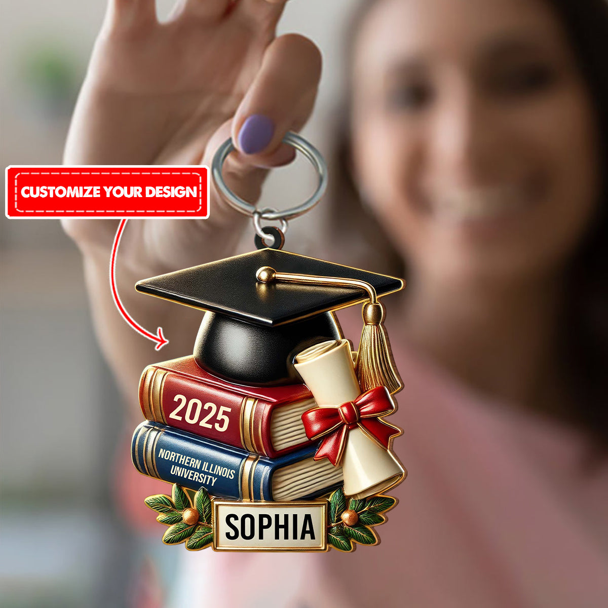 Personalized Graduation Cap, Books and Diploma Keychain, Gift for Graduates
