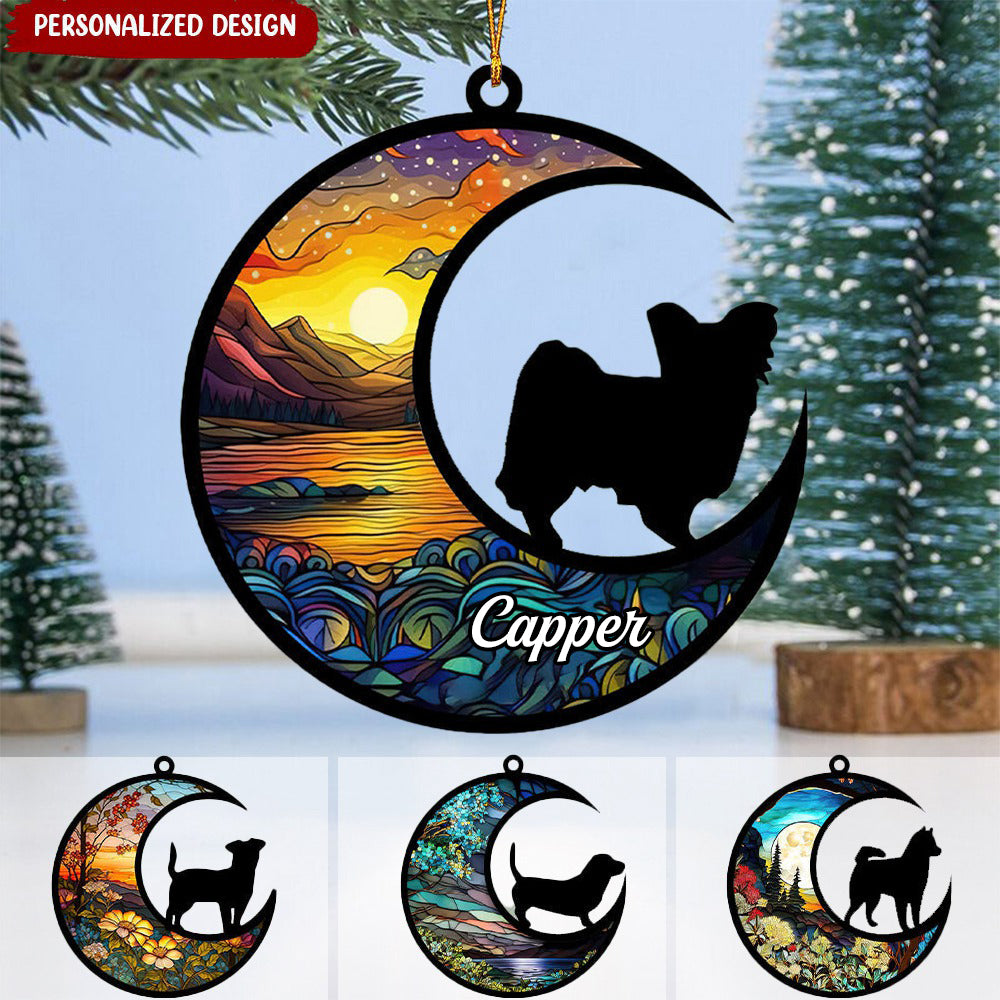 Customized Puppy Pet Dog Breeds On Moon Car Suncatcher Ornament