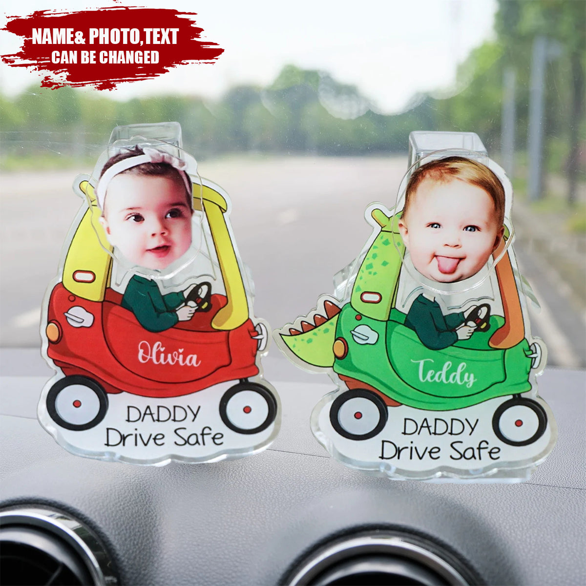 Kids Face Bobblehead Gift for Dad-Personalized Car Accessories, Drive Safe Daddy