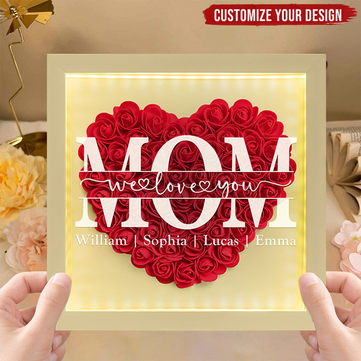 We Love You Mom - Personalized Flower Shadow Box With LED Light