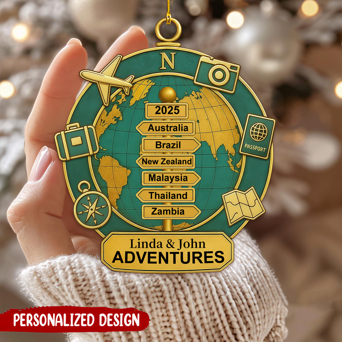 Personalized Travel Destination Ornament, Adventure Gift For Couple