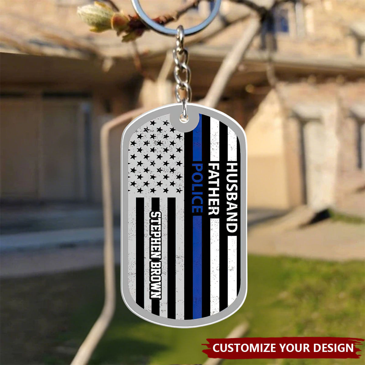 Husband Father Police - Personalized Stainless Steel Keychain for Police Dad