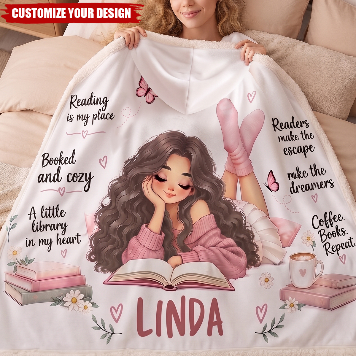 Custom Name Bookish Reader Gifts - Personalized Hooded Wearable Throw Blanket